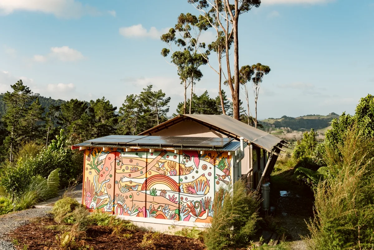 The painted mural in the afternoon sun