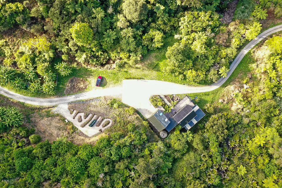 Aerial view of the lodge and vegetable garden