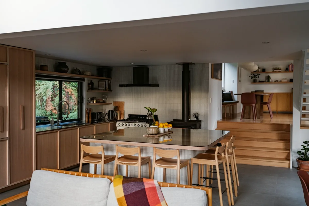 The kitchen island and wood burner